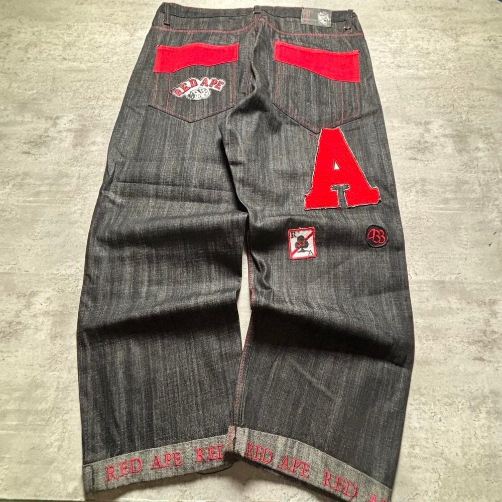 Red Ape Embroidered Jeans Mens 38x28 Black Baggy Y2K Vintage Patches